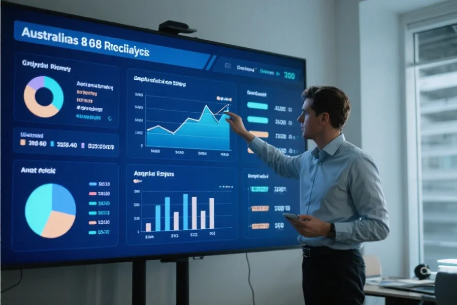一位数据分析师在大屏幕前，正在用图表和数据展示澳洲幸运8开奖结果的分析结果